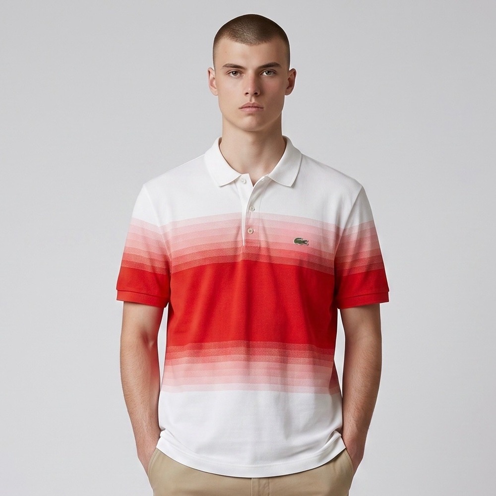Lacoste Made in France Polo Shirt Mens L PH5070 Red Ombre Gradient Stripe Pique